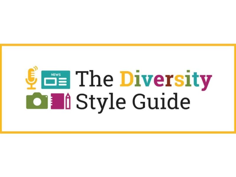 The logo for The Diversity Style Guide, which has a microphone icon, radio icon, camera icon, and notepad icon next to the words The Diversity Style Guide.