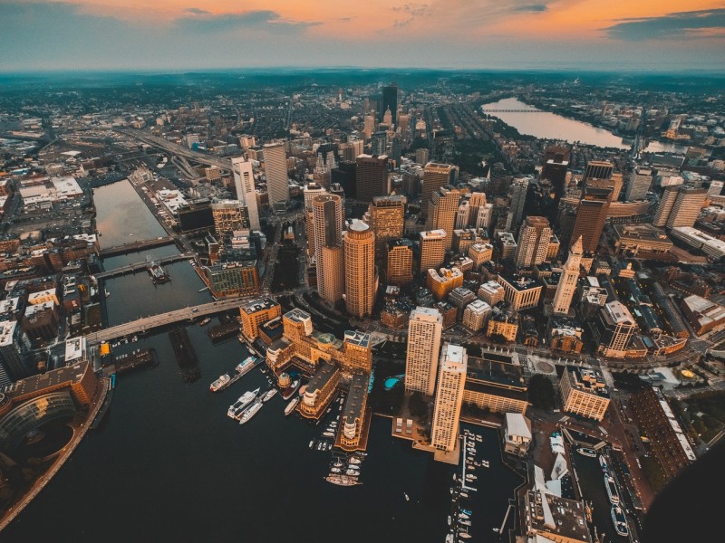 An aerial view of a city skyline.