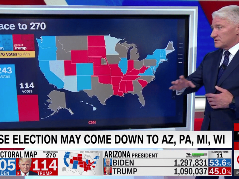 A screenshot of cable news presenting a map on election night.