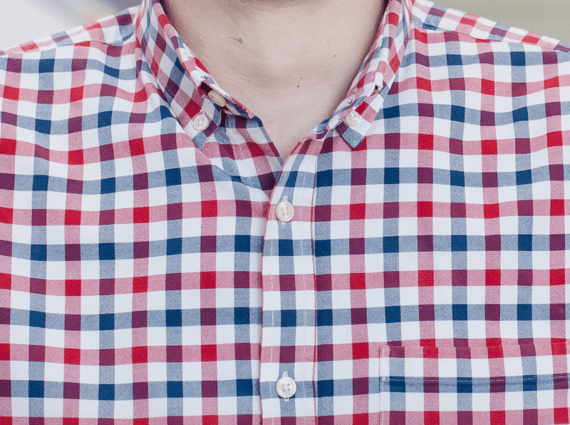 A close-up on a red-and-white gingham button-up shirt on a white person.