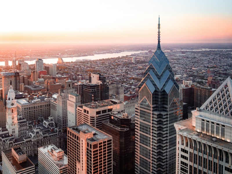 Philadelphia skyline at sunrise.