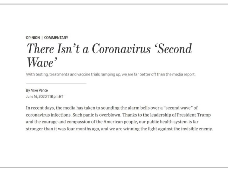 A screenshot of the start of Mike Pence's op-ed, "There isn't a Coronavirus 'Second Wave.'"