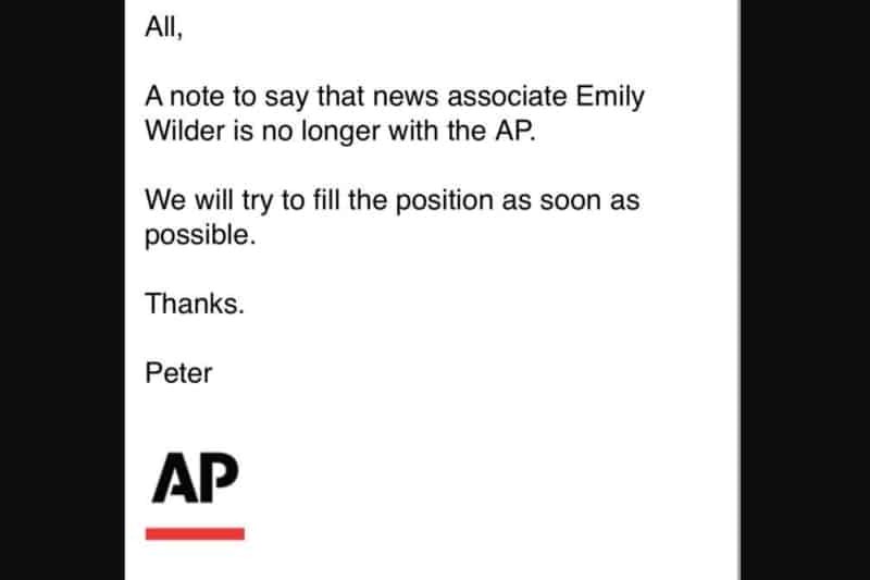 Screenshot of internal AP email announcing Emily Wilder was fired.