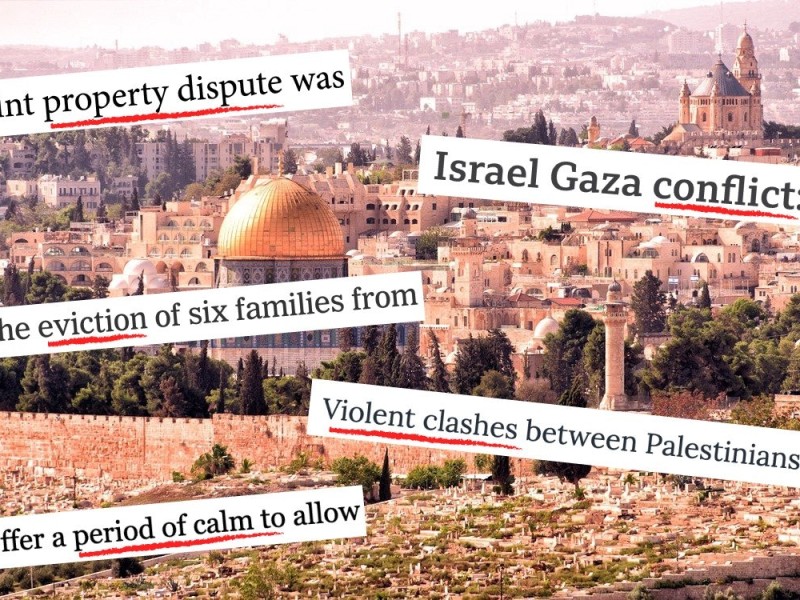 Photo of Jerusalem with screensots of news headlines of the Israel occupation of Palestine on top.