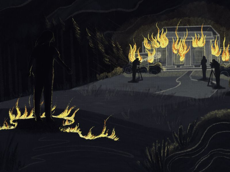 An illustration of a home on fire, with the assumed resident of the home looking on while reporters focus only on the fire.
