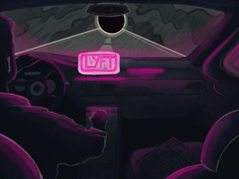 An illustration of the inside of a car driving down a tunnel. The driver is illuminated by a bright pink Lyft sign.
