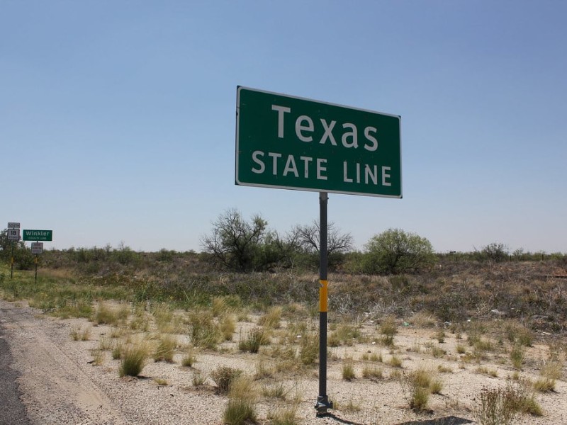 A photo of the Texas state line sign, sitting in the middle of shrubbery and desert.