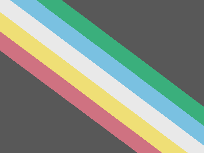 A charcoal grey flag with a diagonal band from the top left to bottom right corner, made up of five parallel stripes in red, gold, pale grey, blue, and green.