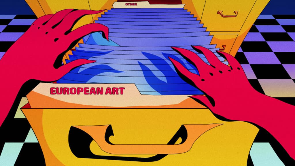 Two red-gloved hands look through an open file cabinet. The body of works filed under “European Art” dwarfs the other section, titled “Other.”
