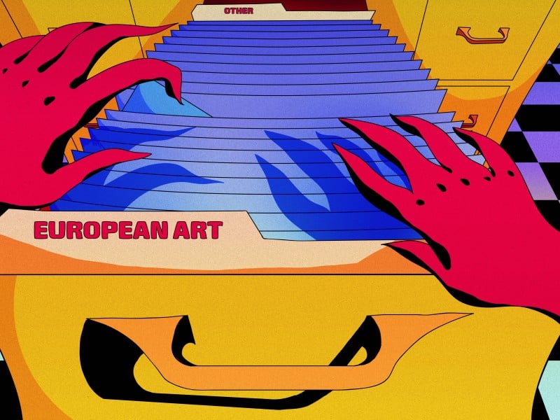 Two red-gloved hands look through an open file cabinet. The body of works filed under “European Art” dwarfs the other section, titled “Other.”