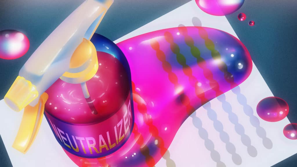 A spray bottle labeled Neutralizer and partially filled with magenta liquid sits atop a newspaper splashed with the same neutralizing liquid. 