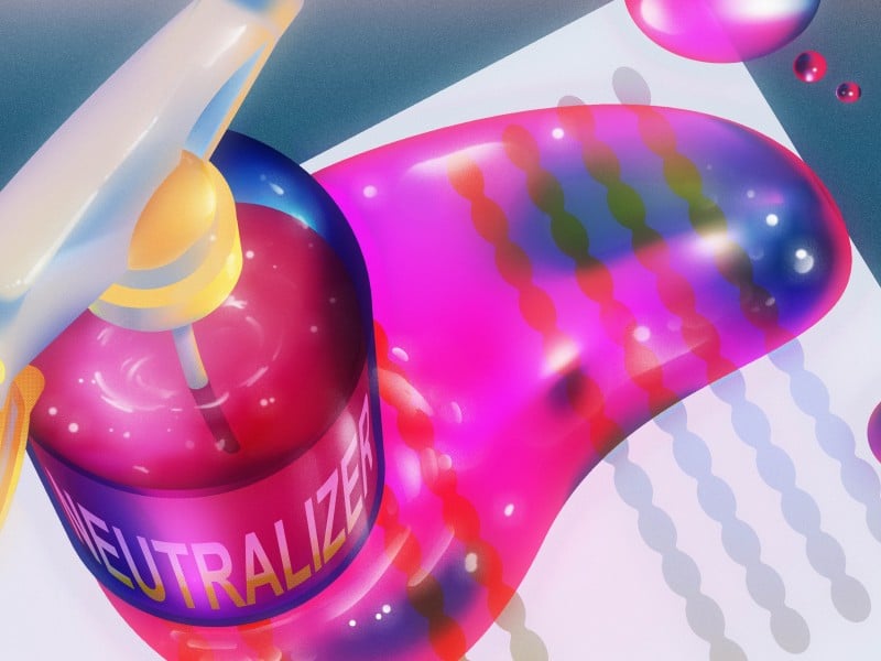 A spray bottle labeled Neutralizer and partially filled with magenta liquid sits atop a newspaper splashed with the same neutralizing liquid.
