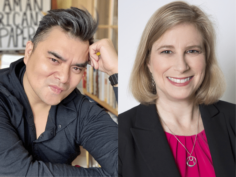 Side by side headshots of Jose Antonio Vargas and Liz Robbins. Jose is on the left side and Liz is on the right.