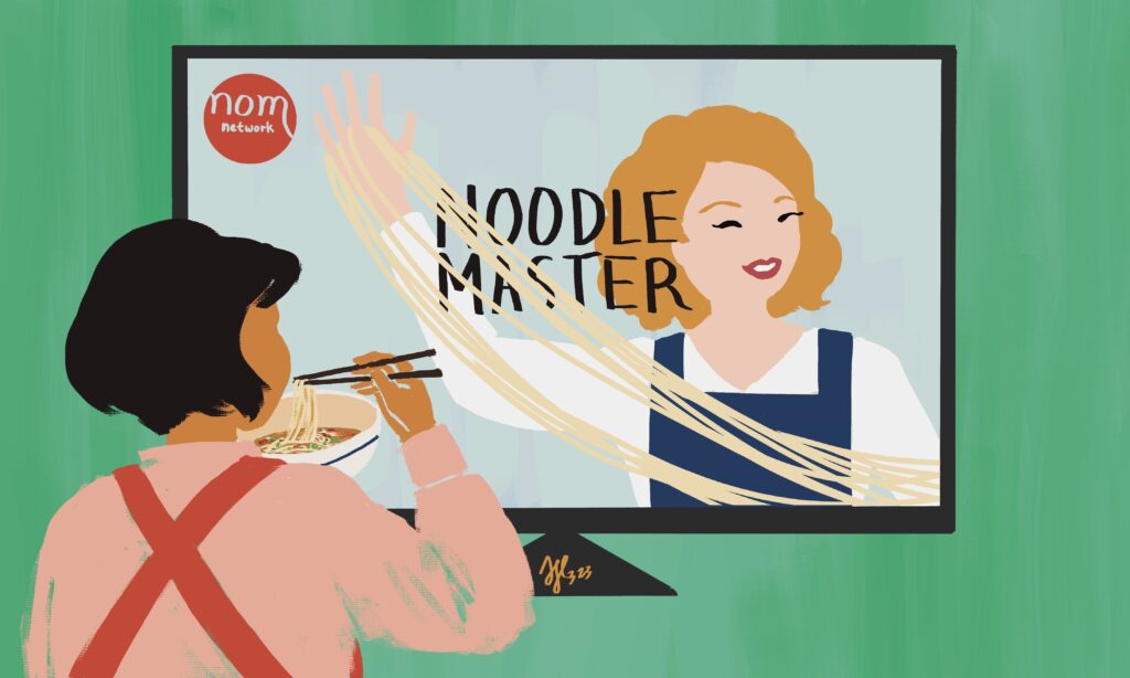 An illustration of a white woman featured as an expert on television cooking noodles.