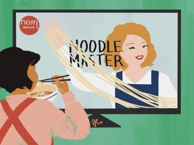 An illustration of a white woman featured as an expert on television cooking noodles.