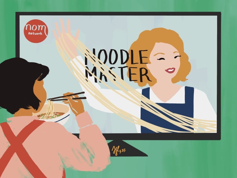 An illustration of a white woman featured as an expert on television cooking noodles.
