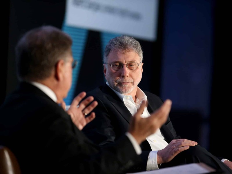 Alberto Ibarguen, President of The Knight Foundation, and Marty Baron, executive editor of The Washington Post, in a lunch plenary during the Knight Foundation's Media Learning Seminar 2017 held at the Miami Marriott Biscayne Bay Hotel. The photo's focus is on Baron, with Ibarguen's back to the camera.