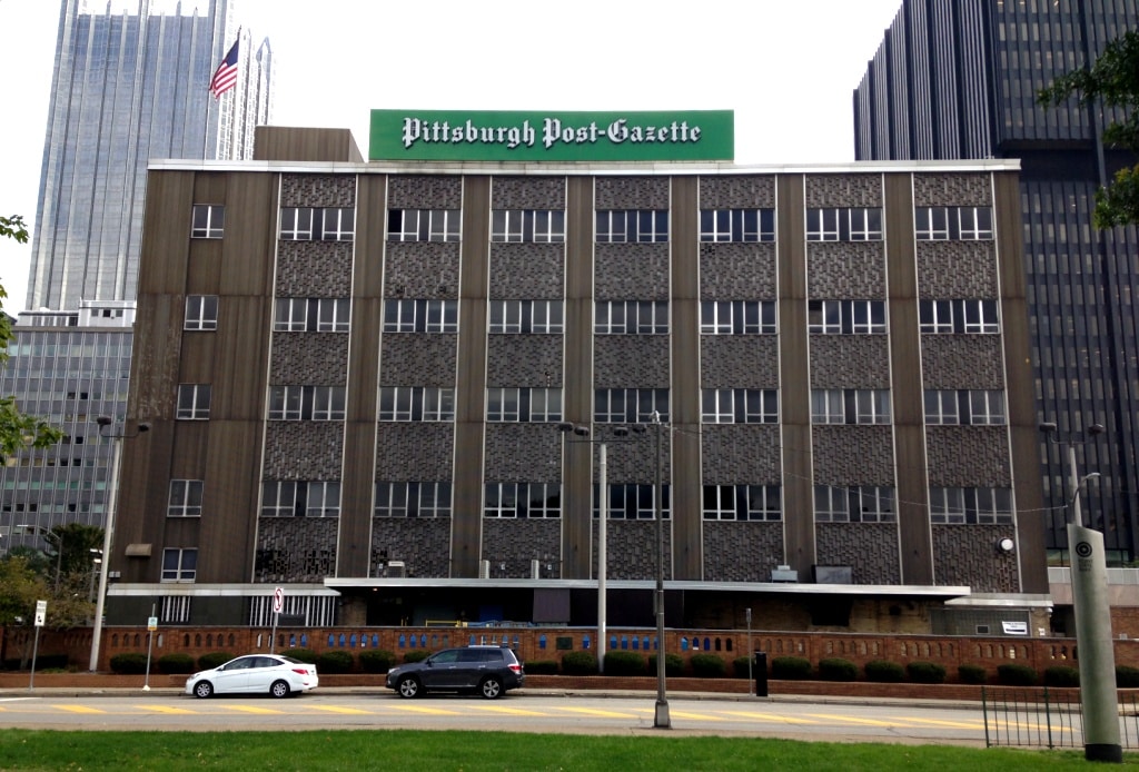 The four-story Pittsburgh Post-Gazette building.