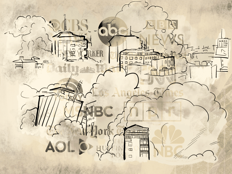 An illustration with line sketches of Palestinian buildings falling surrounded by clouds of smoke. A transparent overlay of news logos, including AOL, NBC, NPR, and ABC News is placed atop the buildings.