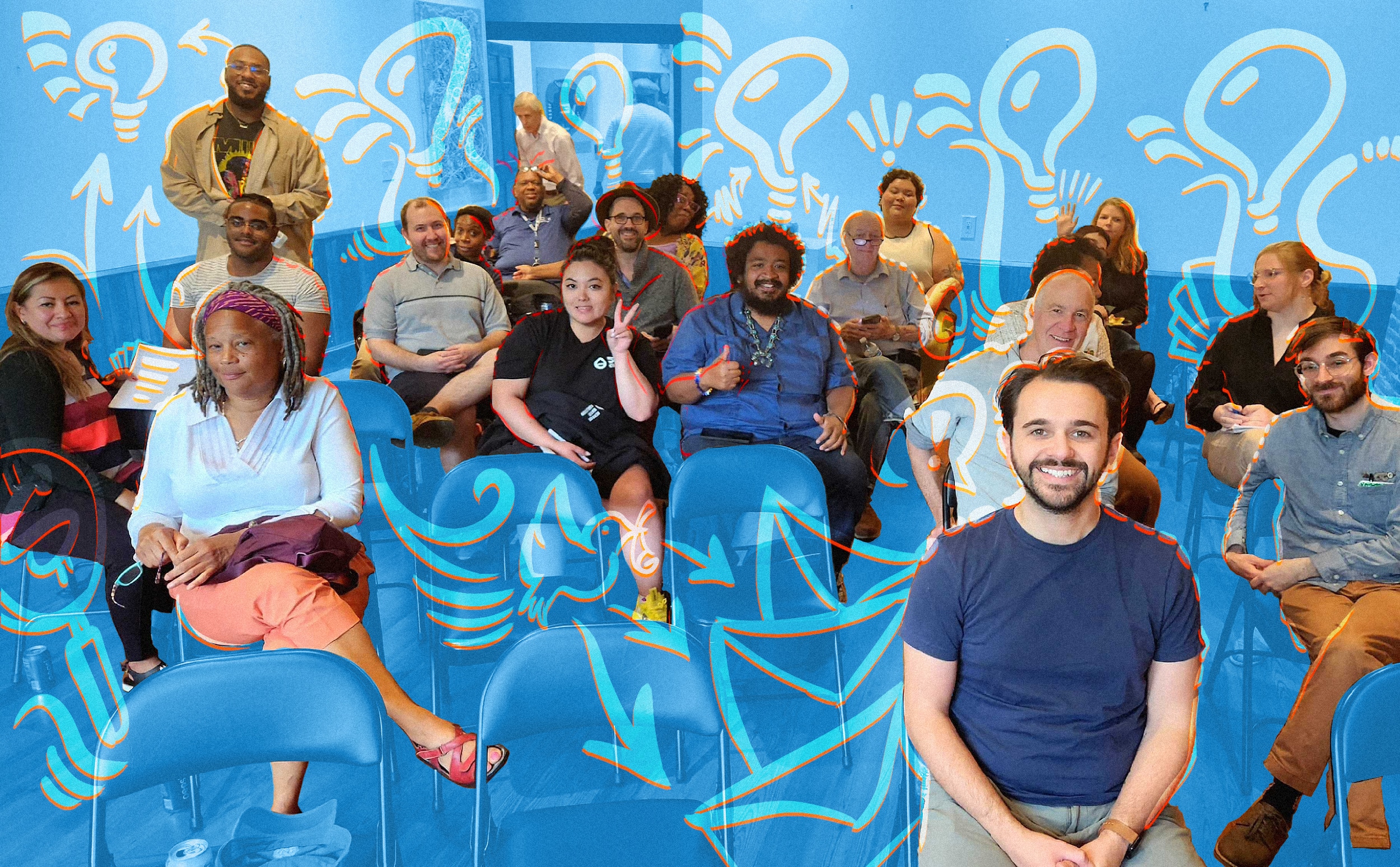 A blue overlay with orange accents over a photo of grantees and supporters of the NJ Civic Info Consortium at a gathering, sitting in chairs and facing the camera. Ayinde Merrill is in the back left, with arrows pointing to him. 