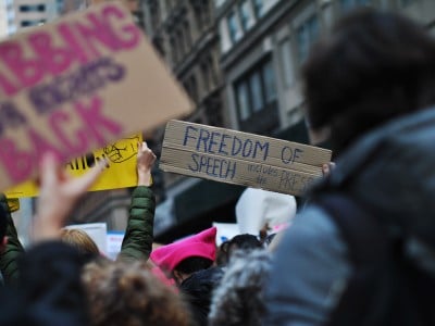 Protesters hold up signs at the Women's March in New York in 2017. The focus is on a piece of cardboard that reads Freedom of Speech Includes the Press.