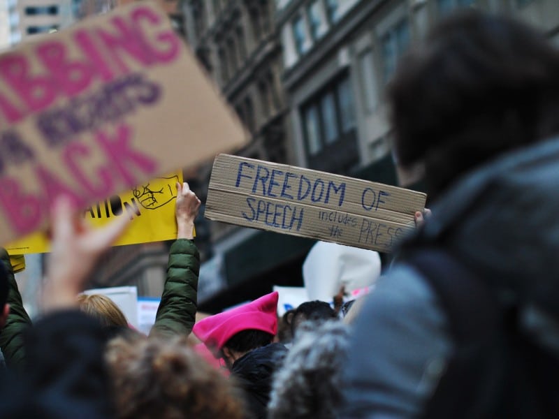 Protesters hold up signs at the Women's March in New York in 2017. The focus is on a piece of cardboard that reads Freedom of Speech Includes the Press.