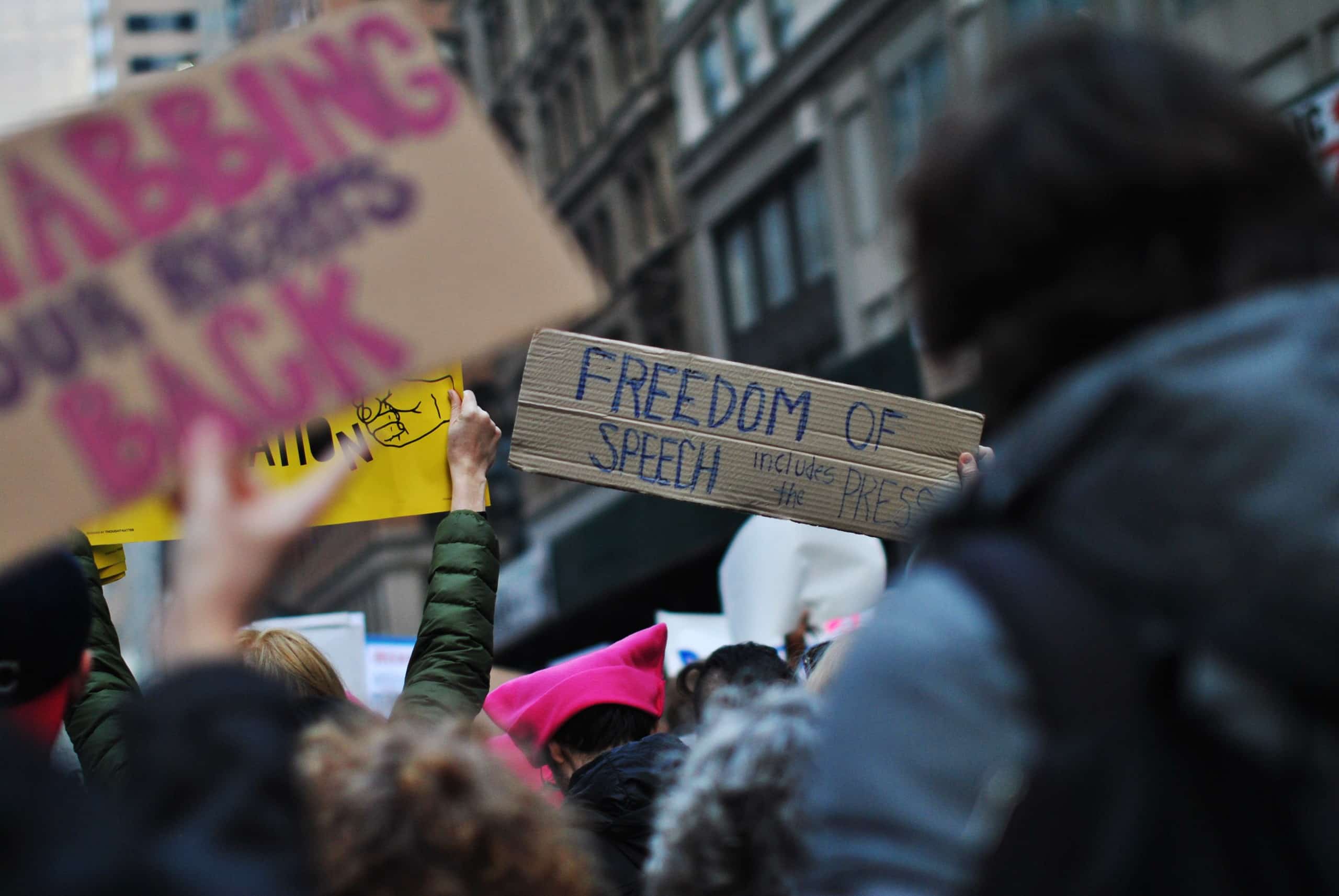 Protesters hold up signs at the Women's March in New York in 2017. The focus is on a piece of cardboard that reads Freedom of Speech Includes the Press.