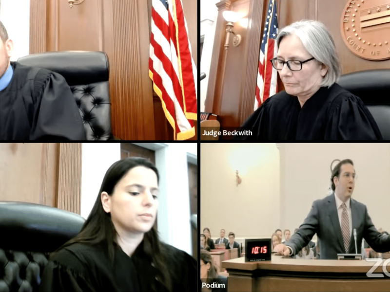 A Zoom screenshot of a hearing before the D.C. Court of Appeals. Three judges are in three of the four Zoom boxes: Judge Deahl, a middle-aged white man, at top left; Judge Beckwith, an older white woman, at top right; Judge AliKhan, a middle-aged Pakistani woman at bottom left. In the Zoom box at bottom right is Yaakov Roth, at the podium.