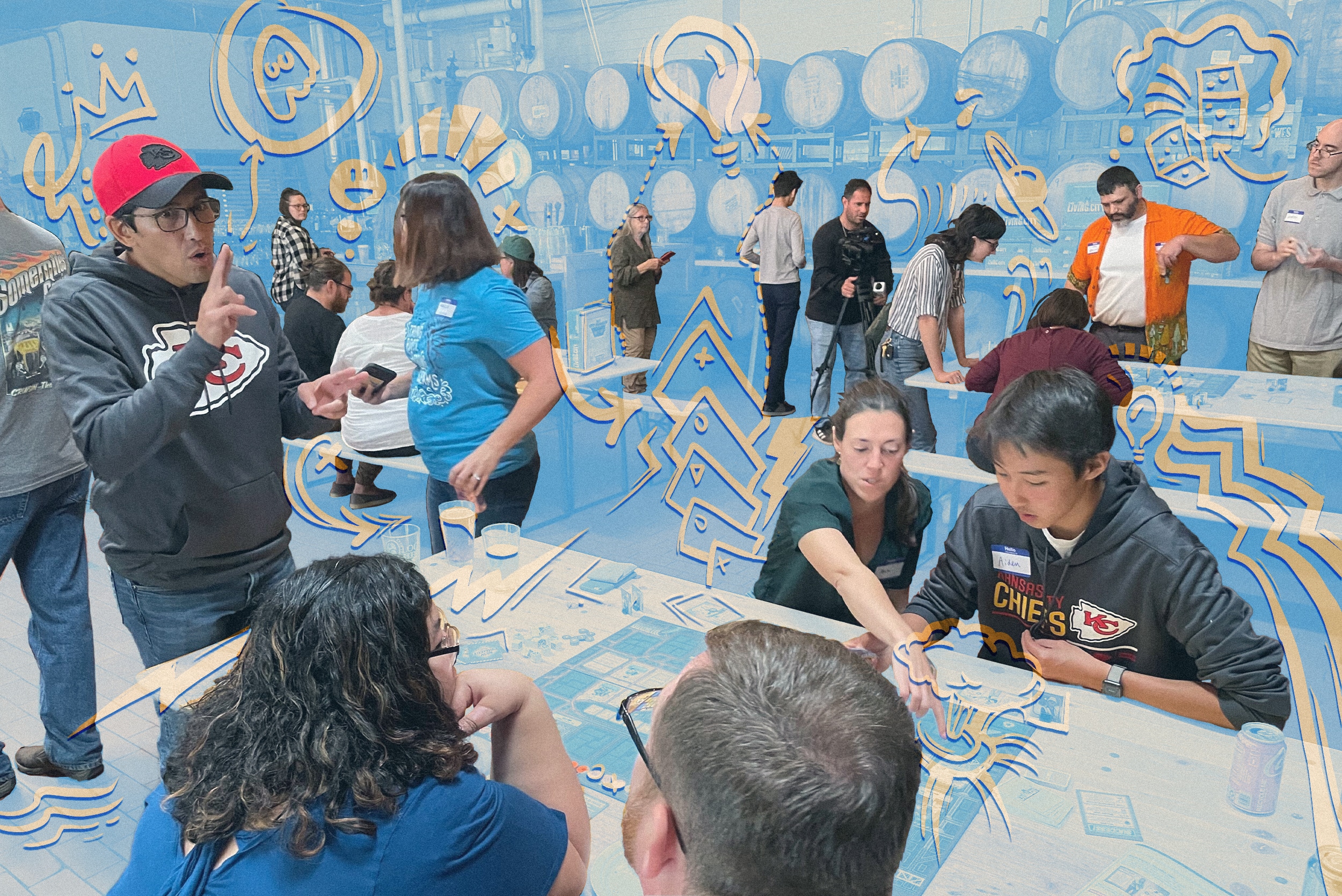 A diverse group of people of varying ages, races and genders sit at tables in a gathering space engaged in conversation at a CivicLex-hosted event. A light blue overlay is fixed over the picture with orange accents around the people. 