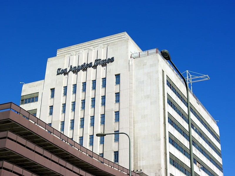 A photo of the L.A. Times building with the Los Angeles Times signage clearly depicted.