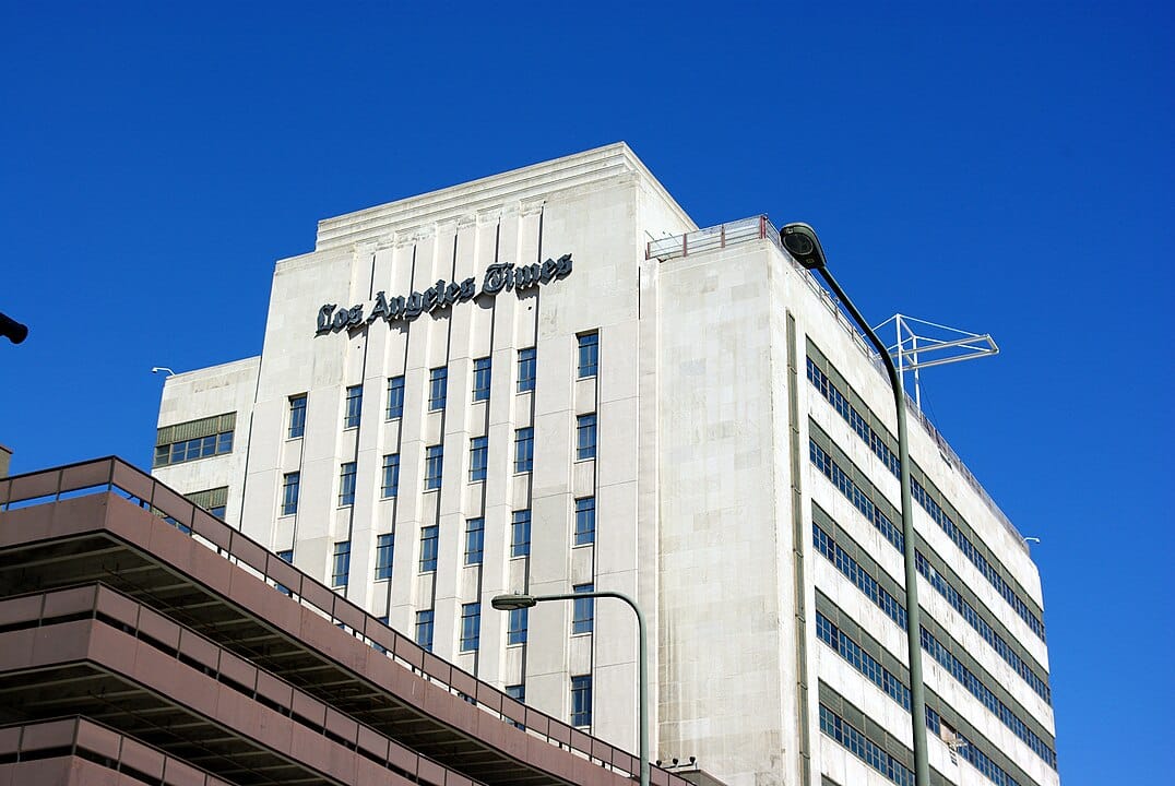 A photo of the L.A. Times building with the Los Angeles Times signage clearly depicted.