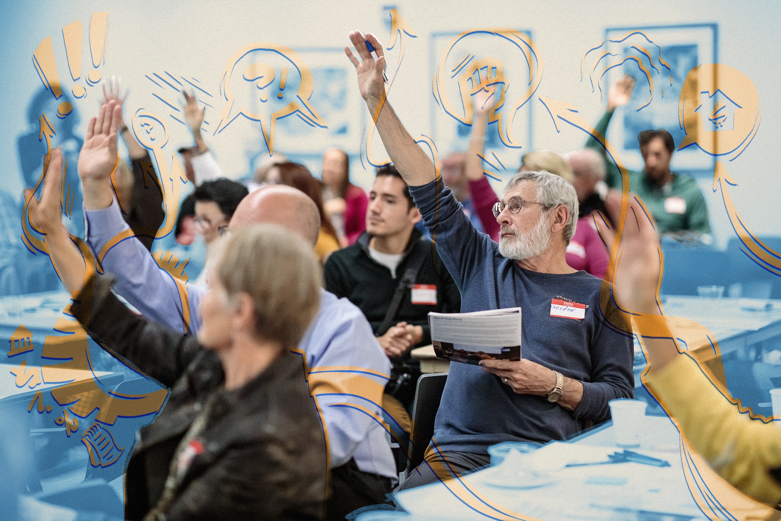A group of people sitting at conference room tables raising their hands. A light blue overlay with orange iconography accents their raised hands. 