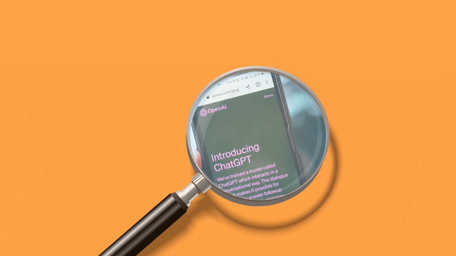 On an orange background, a magnifying glass focused on a phone screen open to the home screen of ChatGPT through OpenAI's website.