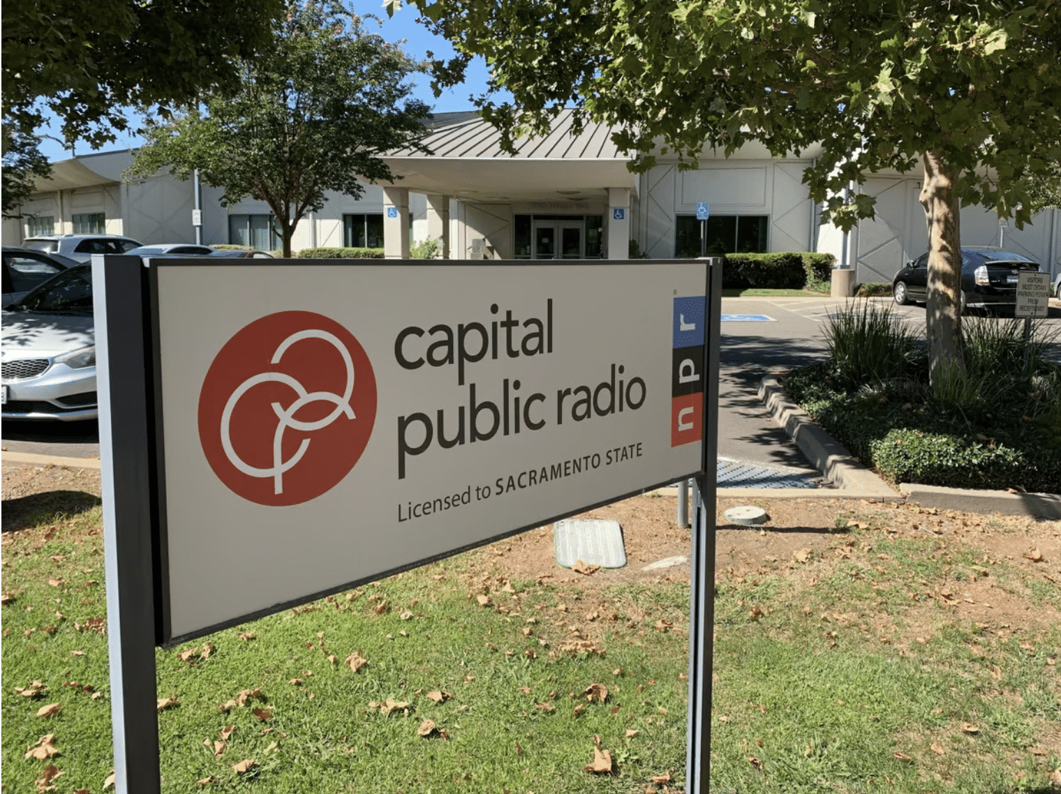 CapRadio's sign on the current headquarters on the campus of Sacramento State University on Sept. 28, 2023.