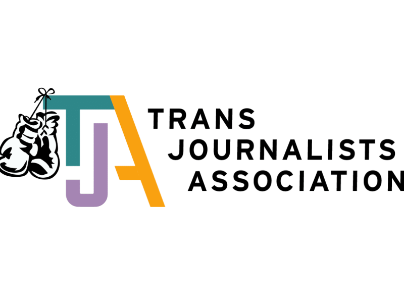 The Trans Journalists Association logo — a T, J and A leaning into the J, and the words "Trans Journalists Association" — is on a white background. The black outline of boxing gloves hang from the T.
