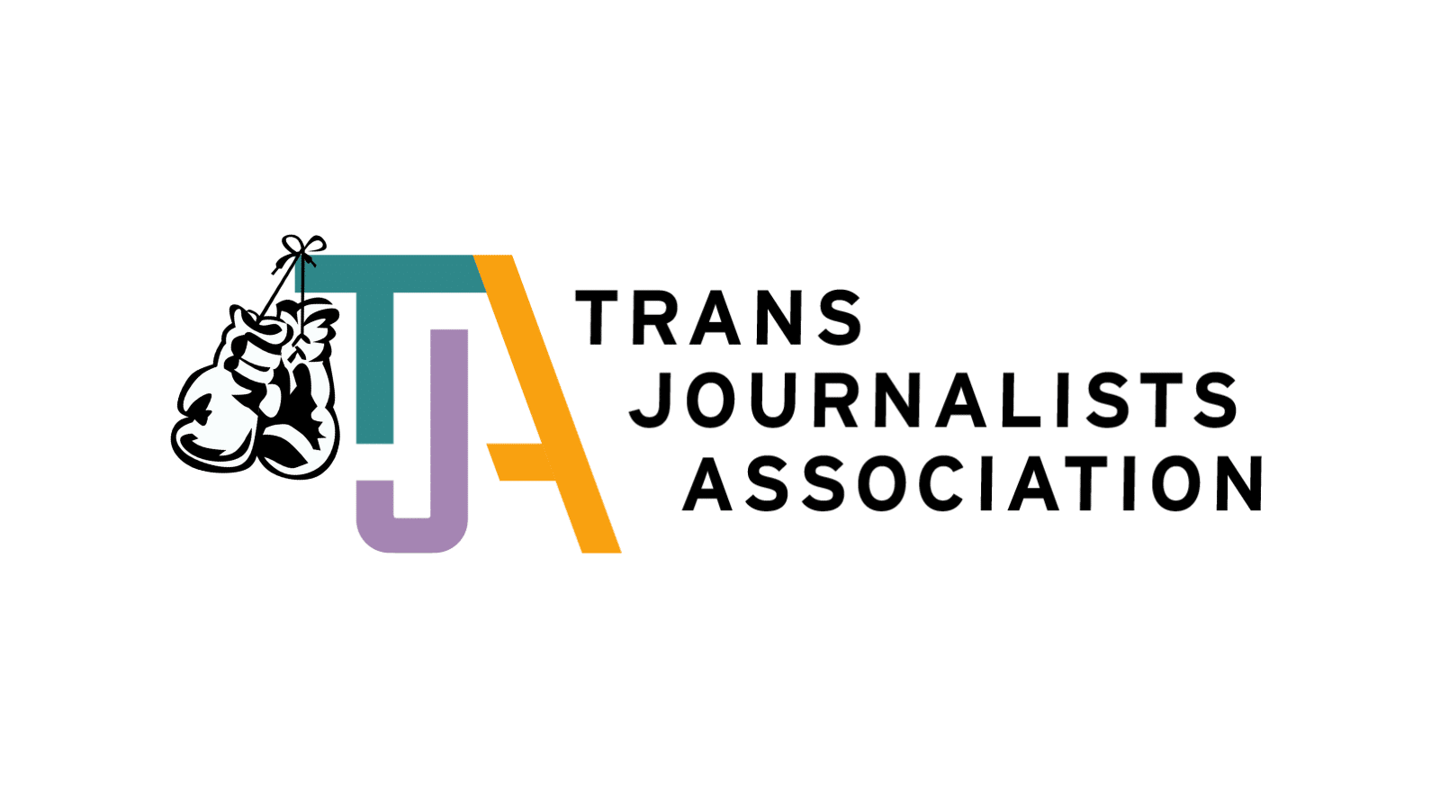 The Trans Journalists Association logo — a T, J and A leaning into the J, and the words "Trans Journalists Association" — is on a white background. The black outline of boxing gloves hang from the T.