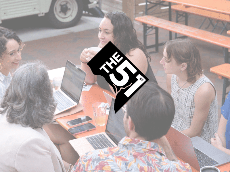 The logo of The 51st — the shape of Washington, D.C. colored black with "The 51st" laid over it, with the Potomac River running halfway between the 5 and 1 — sits on top of a slightly faded photo of the six co-founders of The 51st. They are sitting outside around a table. From top left clockwise: Natalie Delgadillo, Abigail Higgins, Colleen Grablick, Maddie Poore, Eric Falquero, and Teresa Frontado.