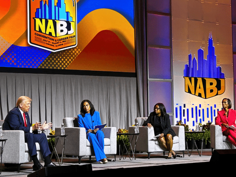 Former president Donald Trump sits on stage with ABC News correspondent Rachel Scott, Semafor political reporter Kadia Goba, and Fox News host Harris Faulkner.