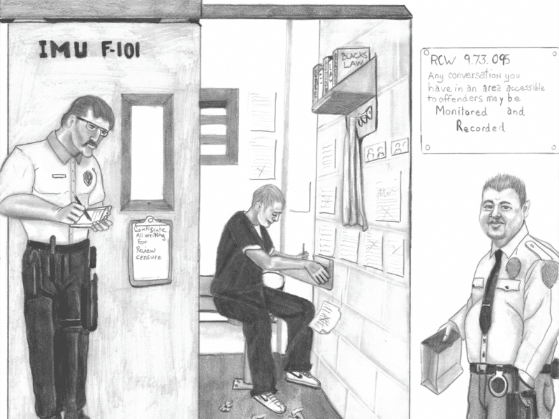 A pencil illustration of an incarcerated person penning a letter from a room in a correctional facility with the door open. The person is flanked by two security guards and two prominent signs. One message on a clipboard reads "Confiscate All Writing for Review Censure." The other reads "RCW 9.73.095: Any conversation you have in an area accessible to offenders may be Monitored and Recorded."