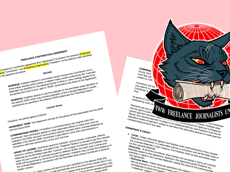 Two screenshots of the International Workers of the World Freelance Journalists Union model contract sit atop a pink background. The IWW Freelance Journalists Union logo, a black cat with a rolled-up newspaper in its teeth in front of a red globe, is placed at top right.
