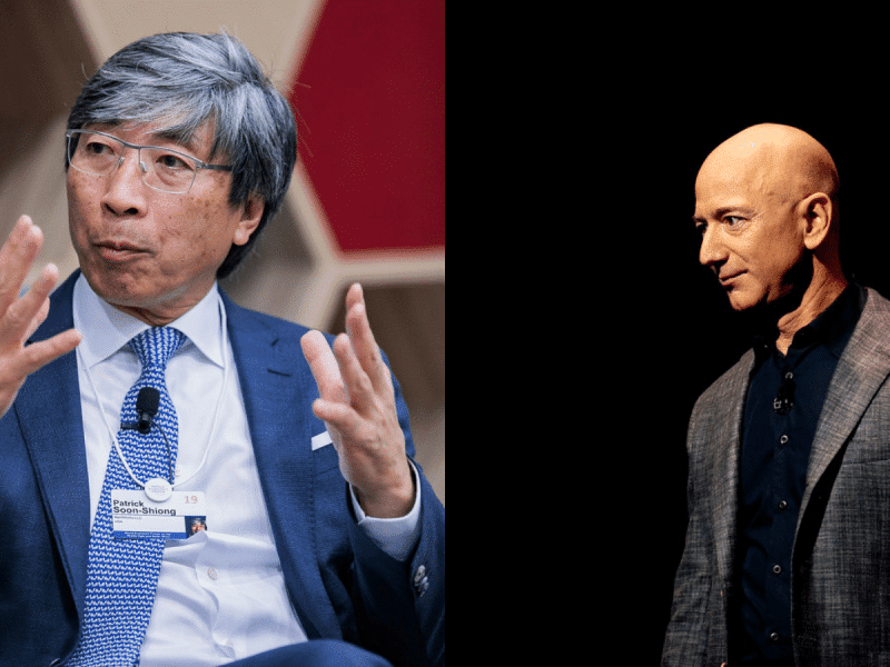 Portraits of Patrick Soon-Shiong and Jeff Bezos side-by-side.