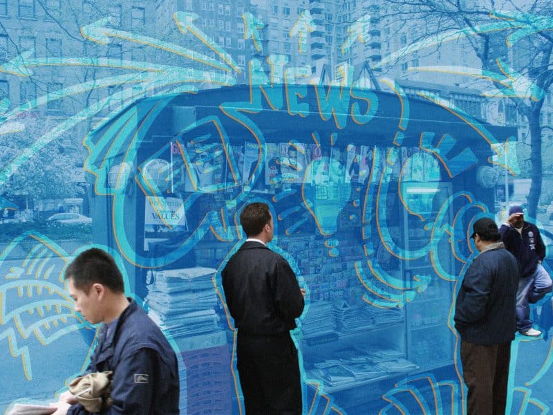 Four people mill around a green newsstand on the streets of New York City. The image is stylized with a light blue filter over all but the people, who have icons depicting newspaper and lightbulb moments around them. The word 'News' rests above the newsstand with arrows directing outward.