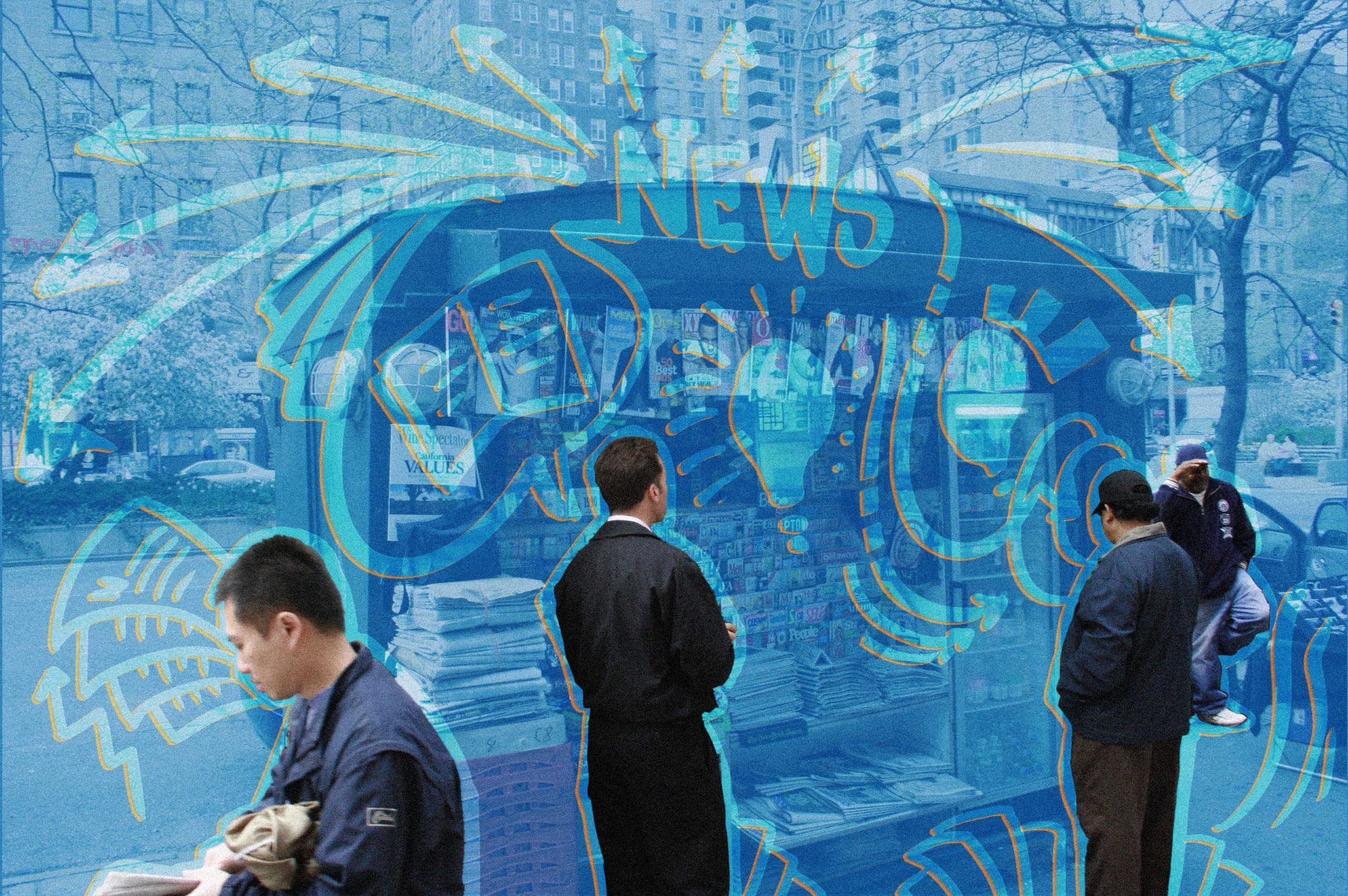 Four people mill around a green newsstand on the streets of New York City. The image is stylized with a light blue filter over all but the people, who have icons depicting newspaper and lightbulb moments around them. The word 'News' rests above the newsstand with arrows directing outward.