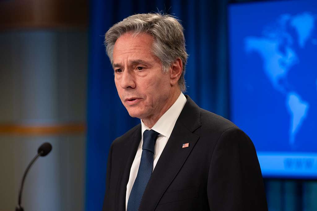 U.S. Secretary of State Antony Blinken at a press conference.