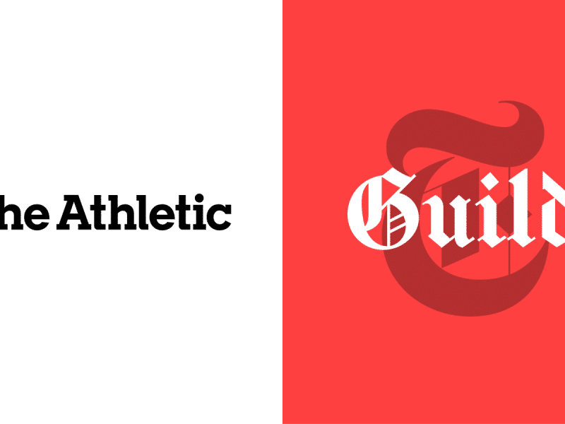 The logos of The Athletic and the New York Times Guild.