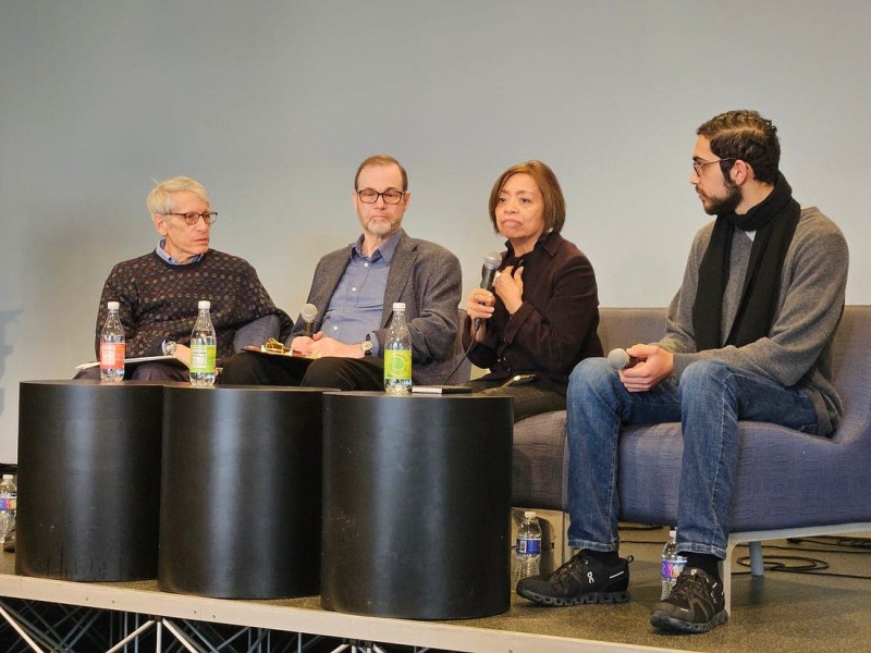 From left, Stephen Solomon, Stephen Adler, Sheila Coronel and Yezen Saadah talk about ethical choices student journalists have to make at Arthur L. Carter Journalism Institute at New York University Wednesday.