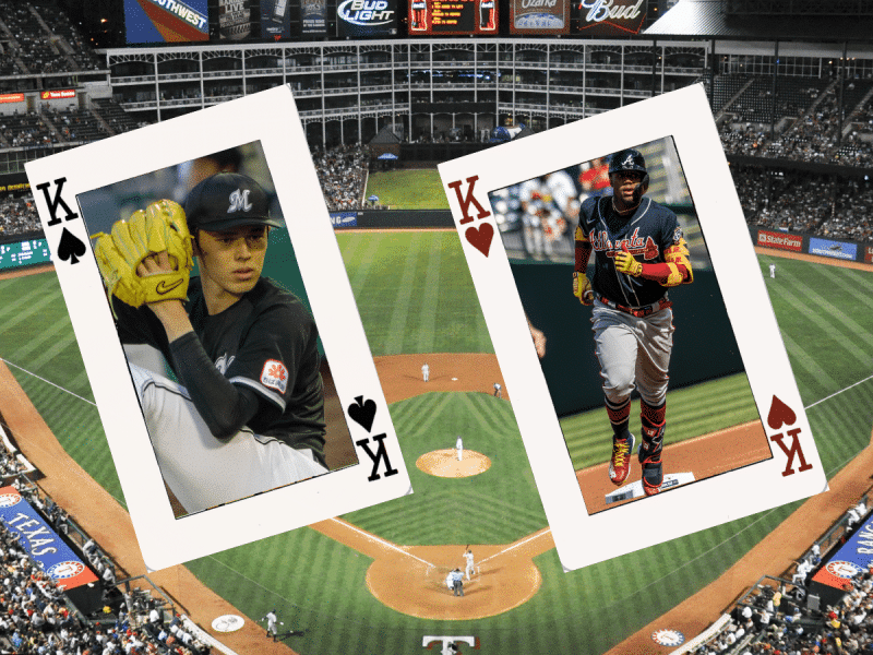 A photo of pitcher Rōki Sasaki is superimposed on the king of spades playing card. A photo of outfielder Ronald Acuña Jr. is superimposed on the king of hearts playing card. The background is a photo of the Texas Rangers' stadium in 2009.