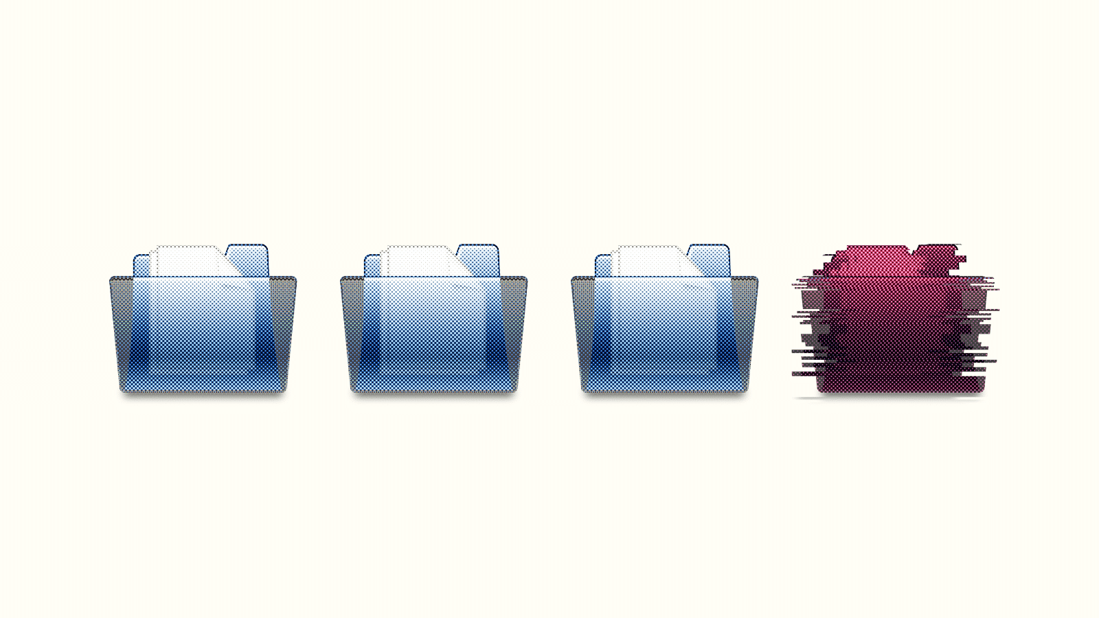 Four folder icons on an off-white background. The rightmost one is fuschia and altered with a glitching effect.