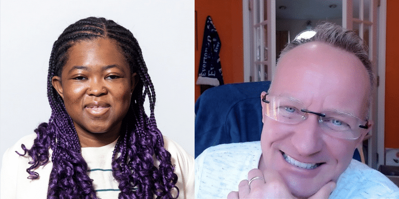 Headshots of (from left to right) Ericka A. Dixon, a nonbinary Black person with dark purple braids wearing a white and black striped shirt with a white blazer atop, and Sebastian Margaret, a nonbinary white person with glasses and short blonde hair wearing a heathered gray T-shirt. Both are smiling.