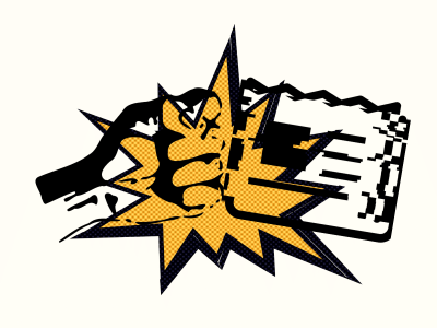 A fist icon punches a glitched-out newspaper icon. An orange pow bubble without the word sits behind the hit.